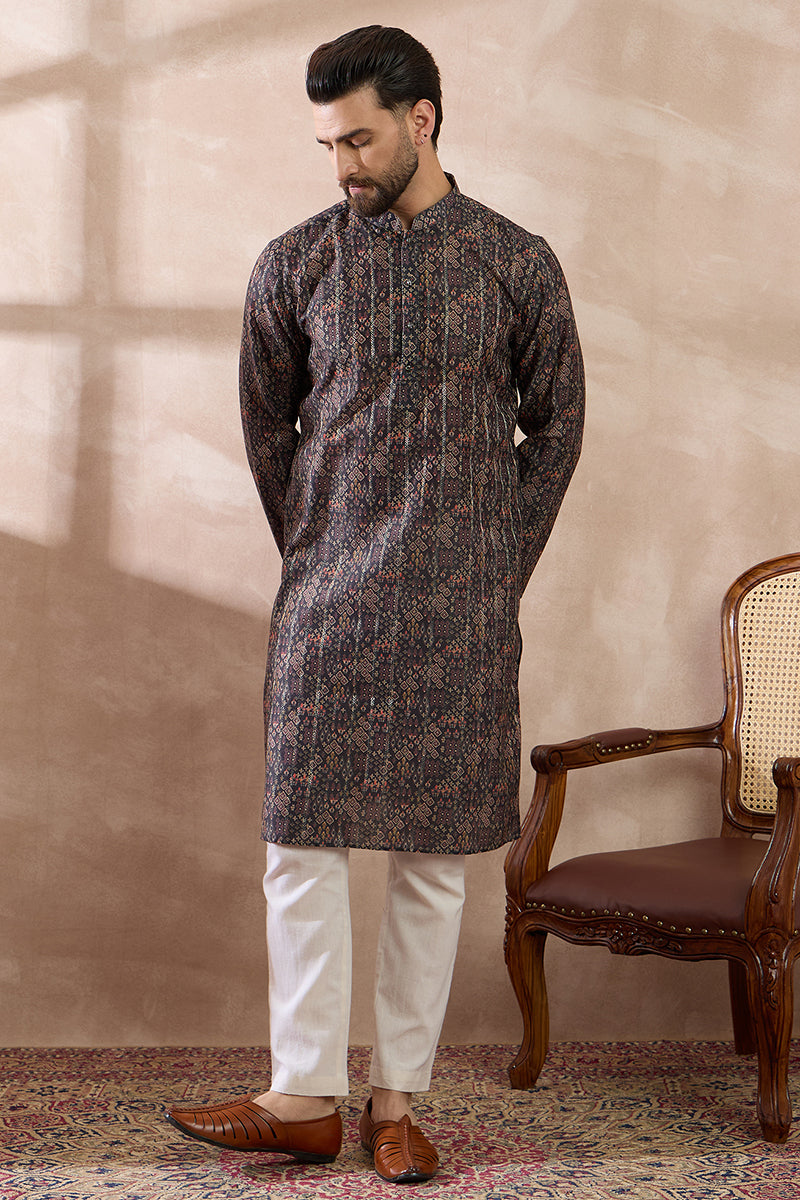 Black Silk Blend Printed Mandarin Collar Straight Kurta MKU2116
