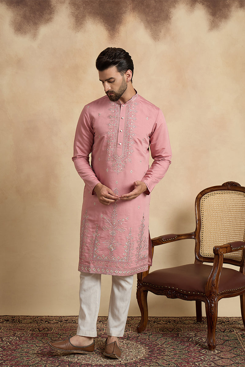 Pink Silk Blend Solid Embroidered Straight Kurta MKU2526