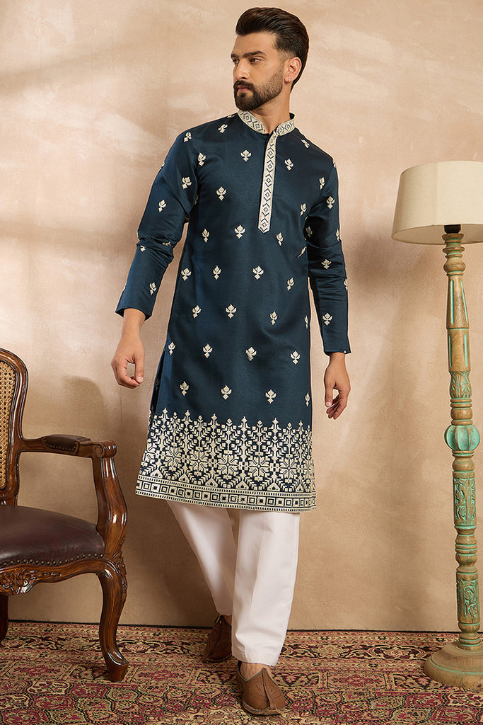 Navy Blue Polyester Solid Embroidered Straight Kurta With Trouser MKSET1810