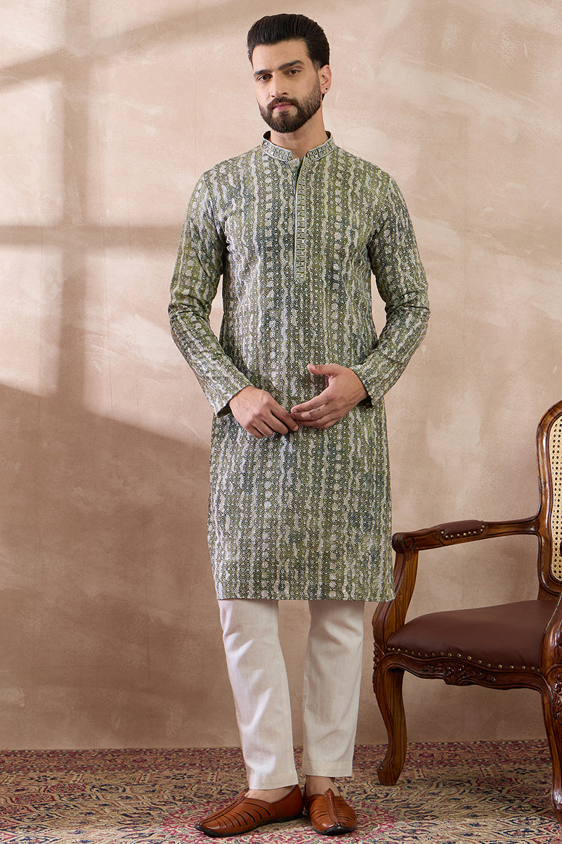 Green Silk Blend Printed Mandarin Collar Straight Kurta With Trouser MKSET1661