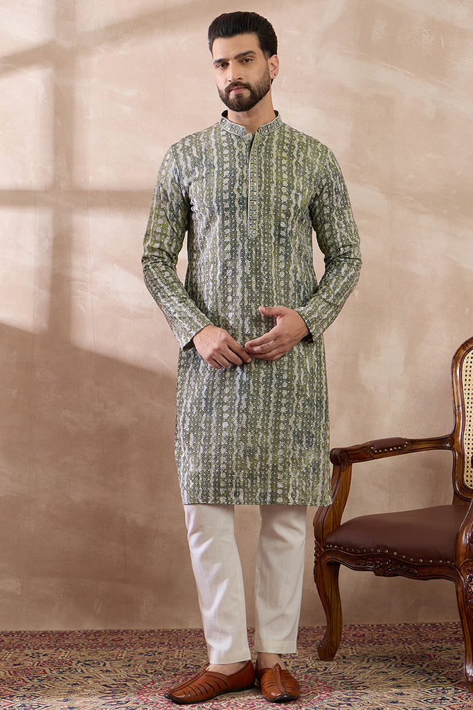 Green Silk Blend Printed Mandarin Collar Straight Kurta With Trouser MKSET1661