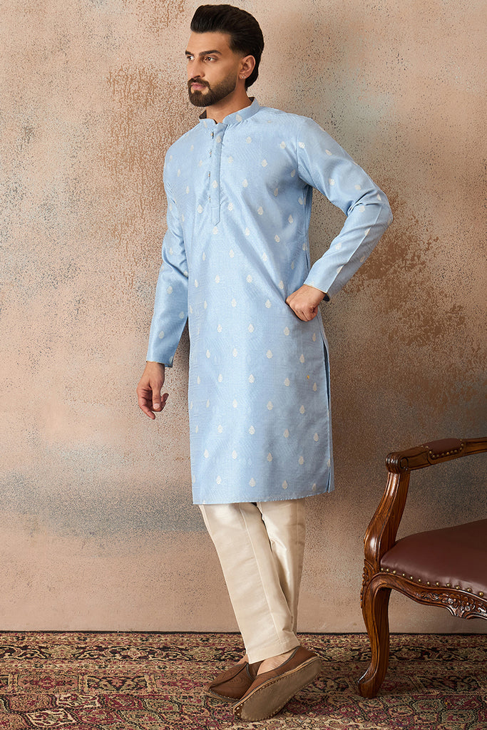 Blue Silk Blend Floral Straight Kurta With Dupatta MKSET2217
