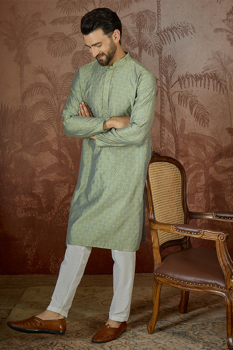 Green Jacquard Solid Embroidered Kurta With Trouser MKSET2499