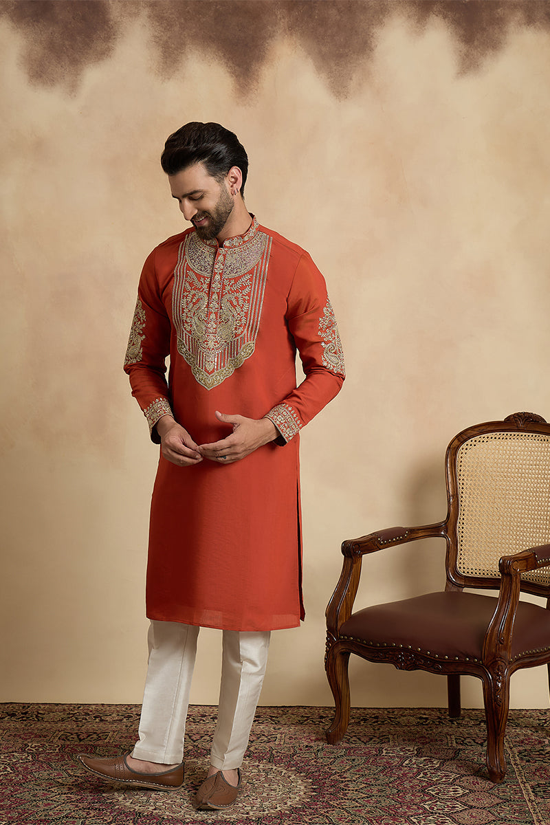 Orange Silk Blend Solid Embroidered Kurta With Trouser MKSET2449