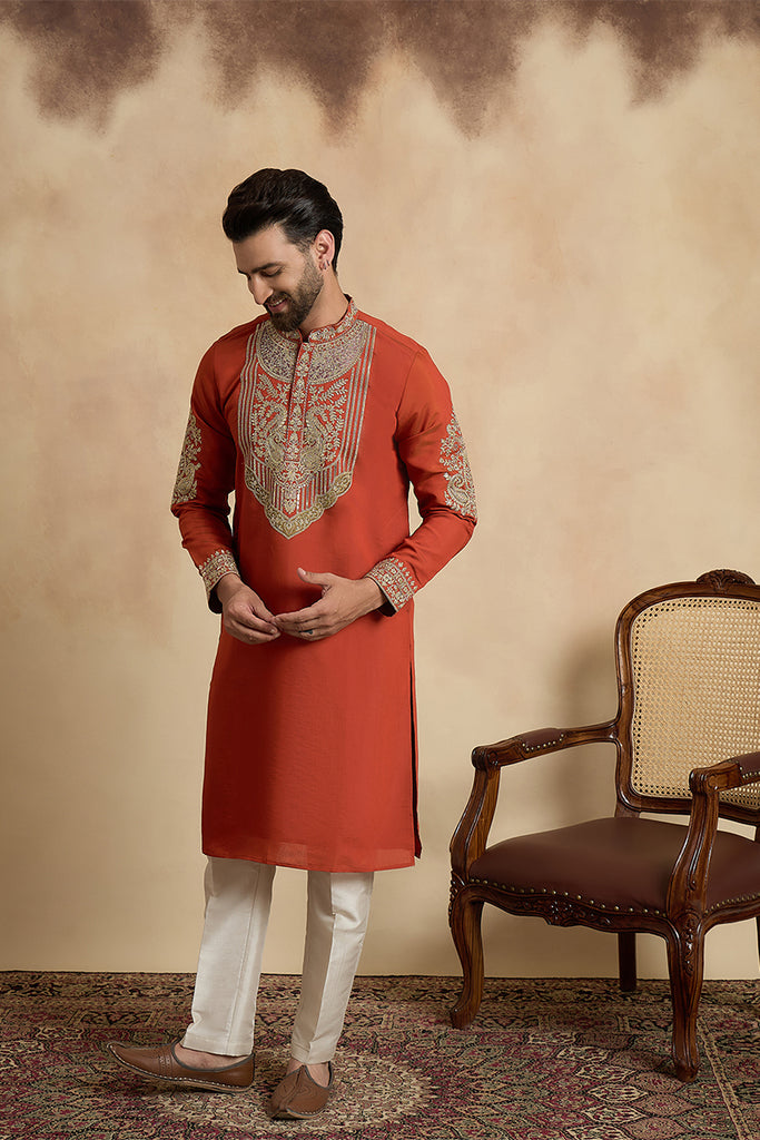 Orange Silk Blend Solid Embroidered Kurta With Trouser MKSET2449