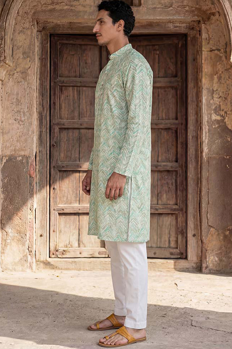 Green Cotton Blend Chevron Embroidered Kurta MKU2068