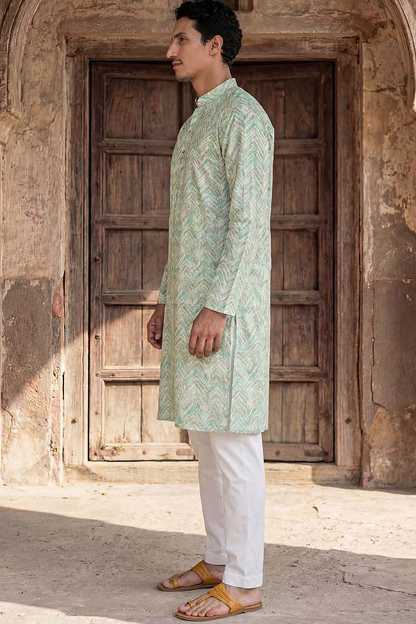 Green Cotton Blend Chevron Embroidered Kurta MKU2068