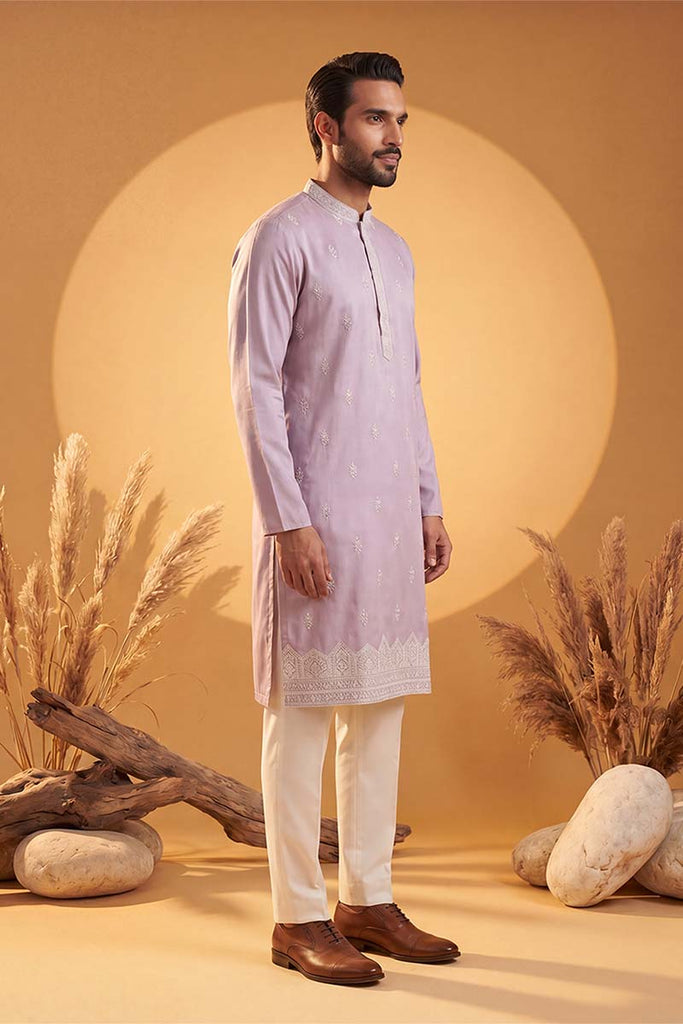 Lavender Silk Blend Solid Embroidered Kurta MKU2269