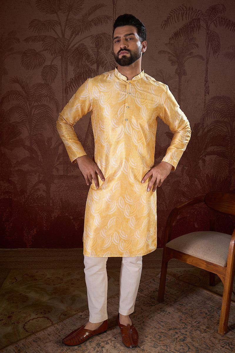 Yellow Silk Blend Floral Printed Straight Kurta With Trouser MKSET1937