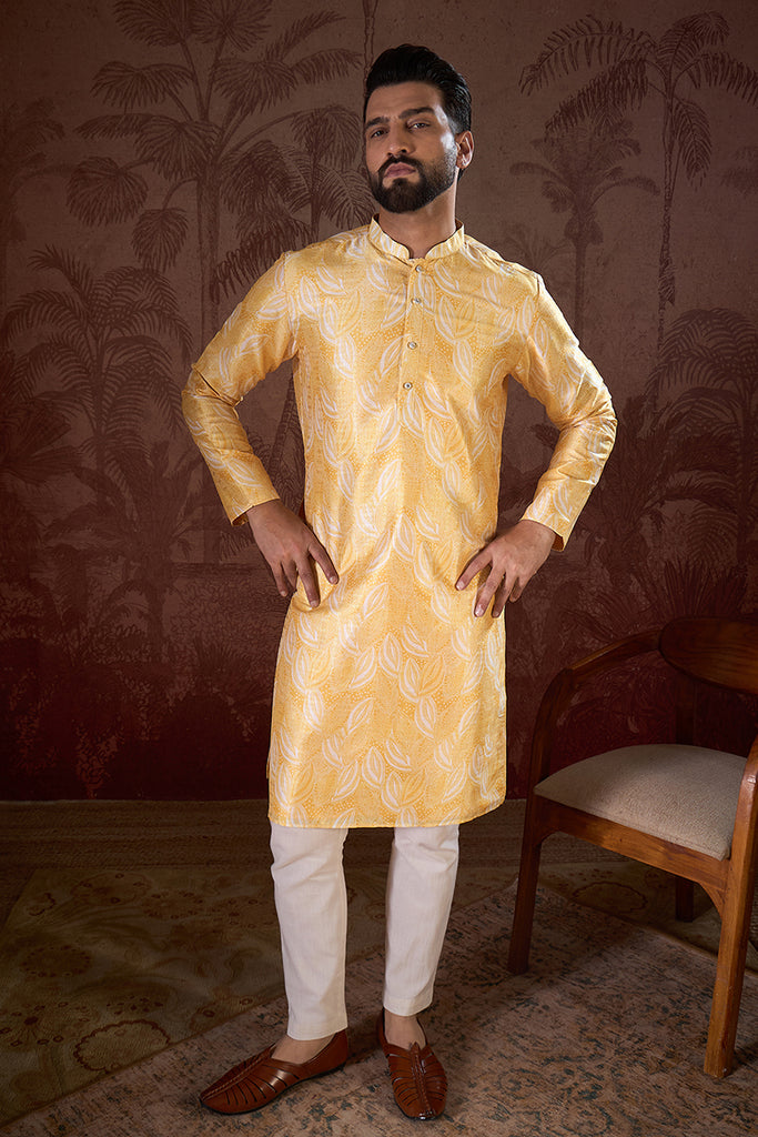 Yellow Silk Blend Floral Printed Straight Kurta With Trouser MKSET1937