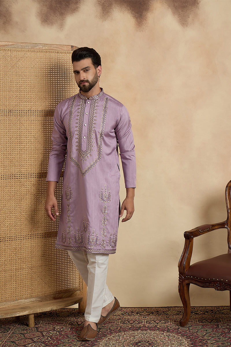Lavender Silk Blend Solid Embroidered Straight Kurta With Trouser MKSET2527