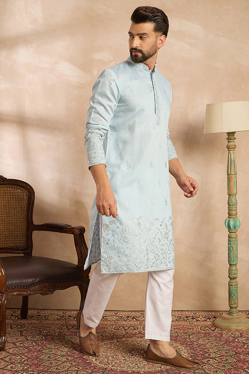 Blue Silk Blend Solid Embroidered Straight Kurta With Trouser MKSET1785