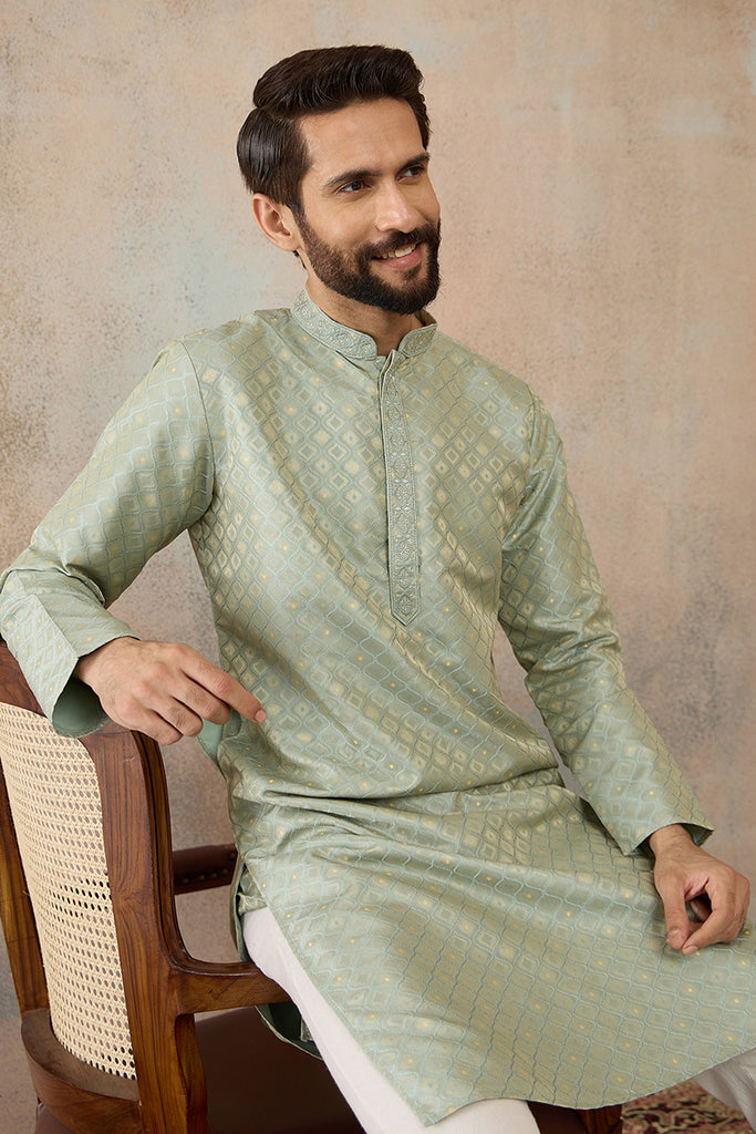 Teal Jacquard Ethnic Motifs Embroidered Kurta With Trouser MKSET2240