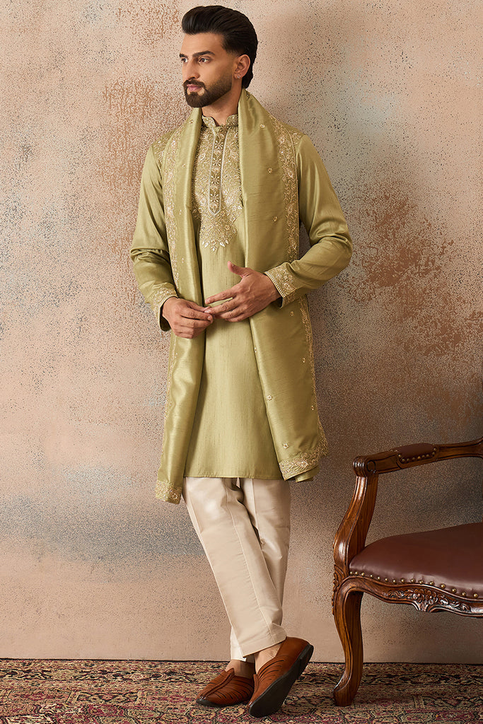 Green Zari Embroidered Silk Blend Kurta with Trousers & Dupatta MKPD1046