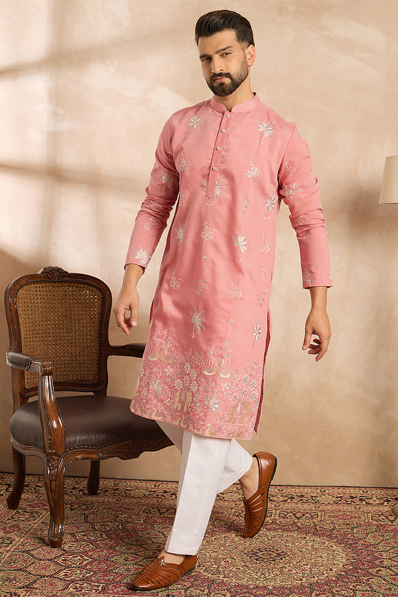 Pink Cotton Solid Embroidered Straight Kurta MKU1677