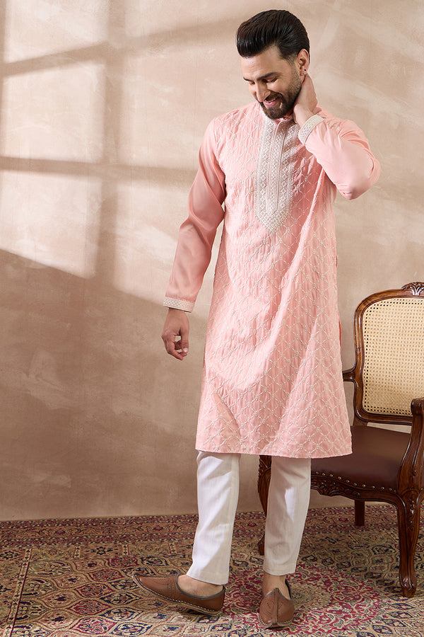Pink Silk Blend Embroidered Mandarin Collar Straight Kurta MKU1692