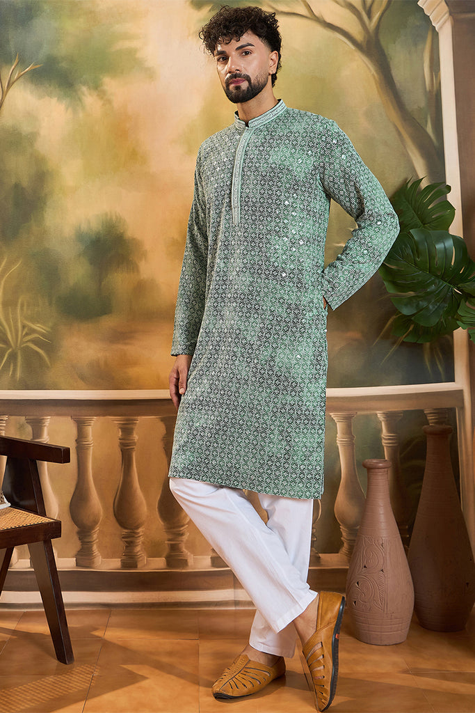 Green Viscose Rayon Shibori Embroidered Straight Kurta with Trouser MKSET1485