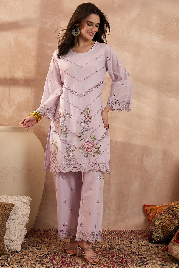Lavender Pure Cotton Embroidered Scalloped Coord Sets VCORD1162