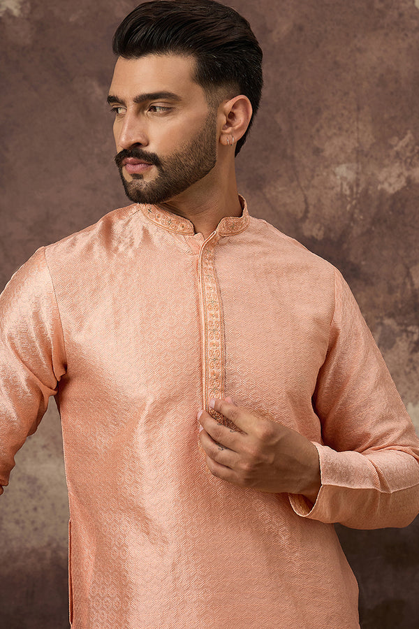 Peach Silk Blend Solid Woven Design Straight Kurta MKU1322