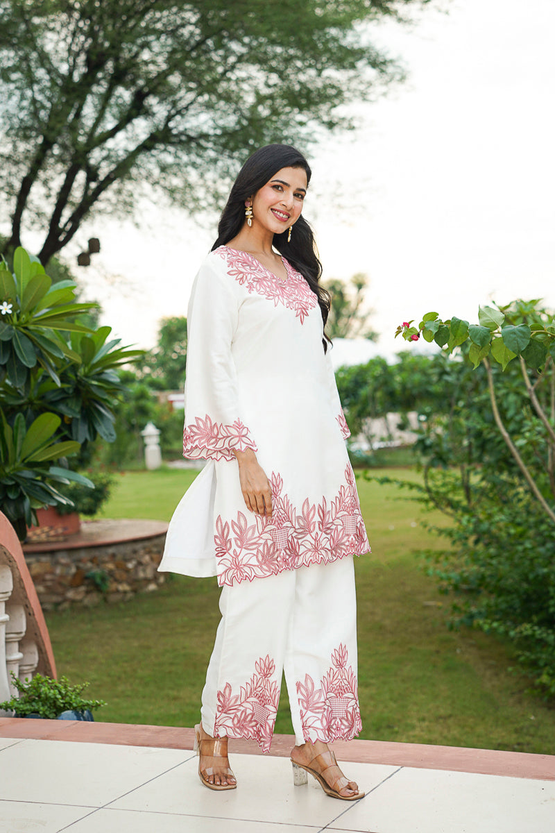 White Silk Blend Embroidered Straight Coord Sets HVCORD1135