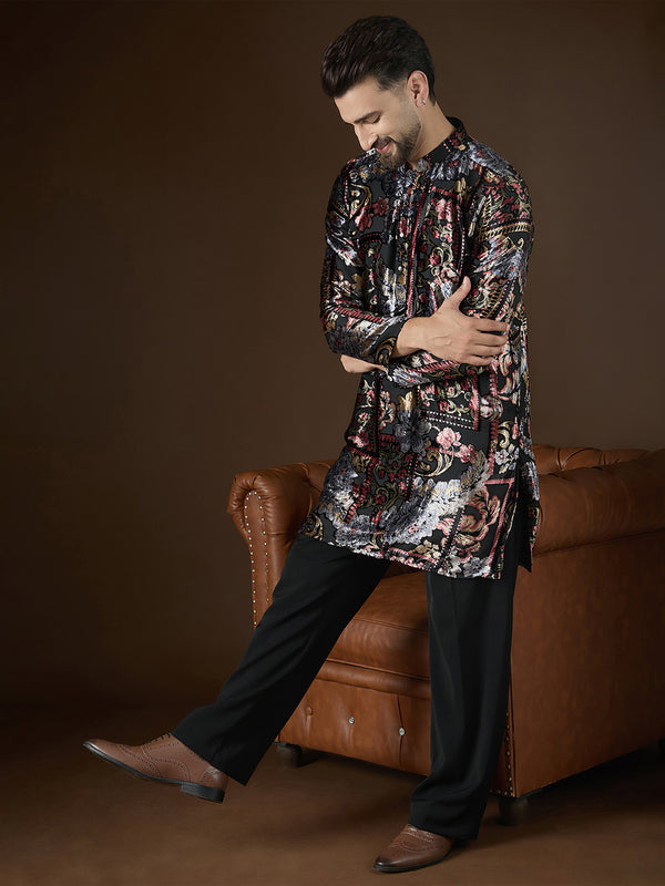 Black Velvet Geometric Printed Kurta With Trouser MKSET2723