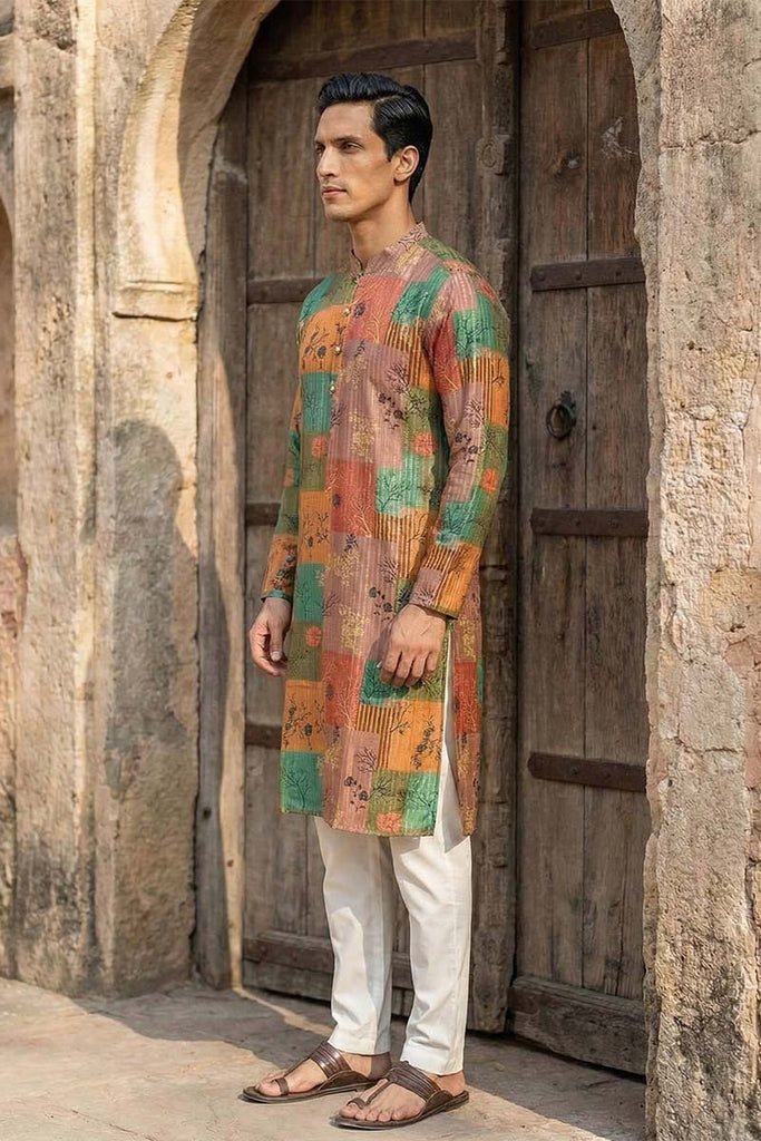 Multi Silk Blend Printed Straight Kurta With Trousers MKSET2077