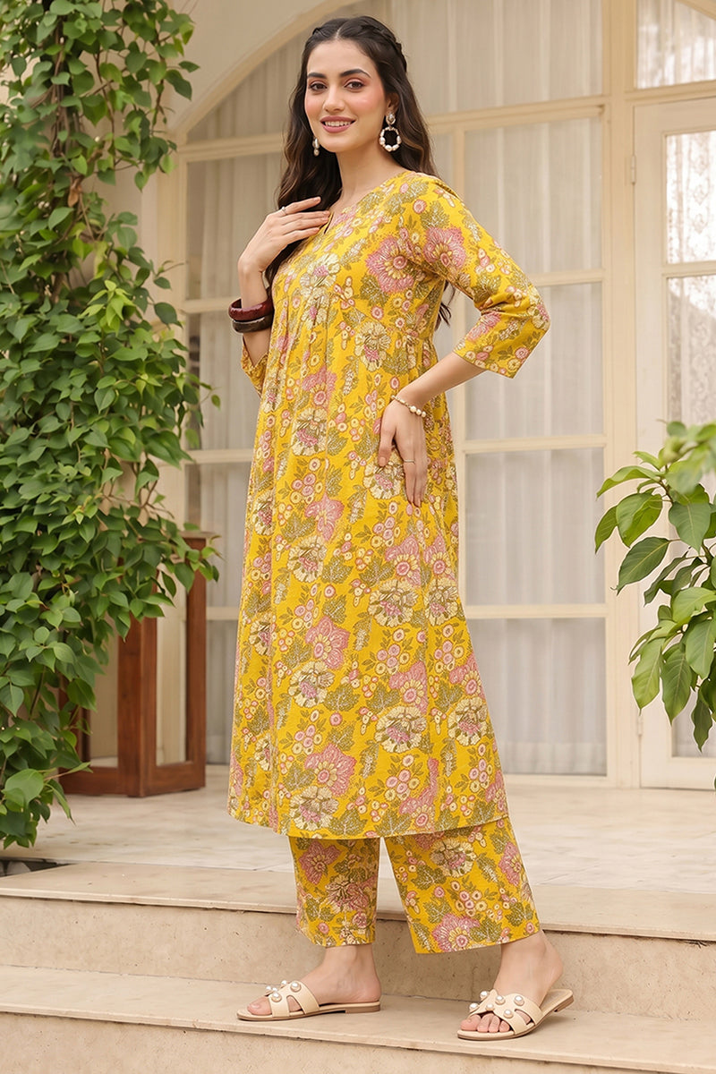 Cotton Blend Yellow Floral Digital Printed Regular Kurta VCK9823