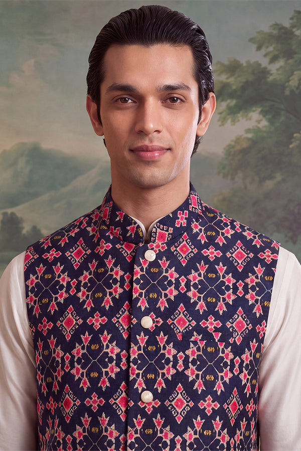 Navy Blue Silk Blend Patola Print Mandarine Collar Koti MKOT1048