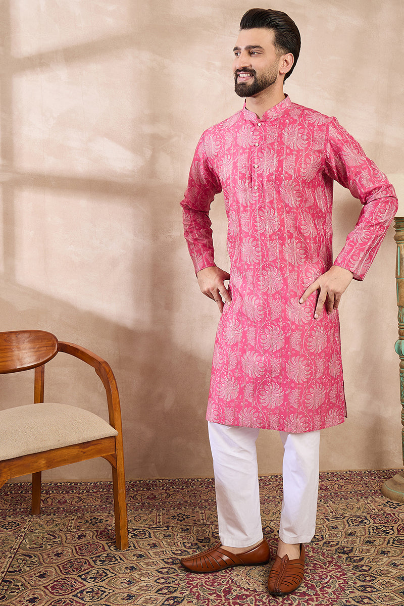 Pink Silk Blend Floral Printed Straight Kurta MKU1972