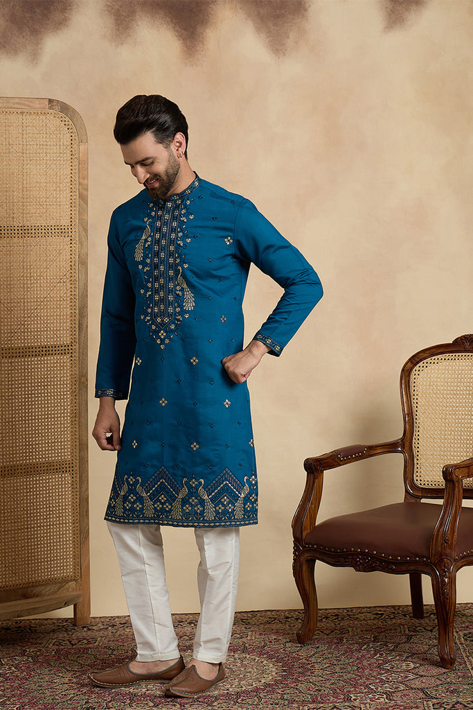 Teal Silk Blend Solid Embroidered Thread Work Kurta MKU2443
