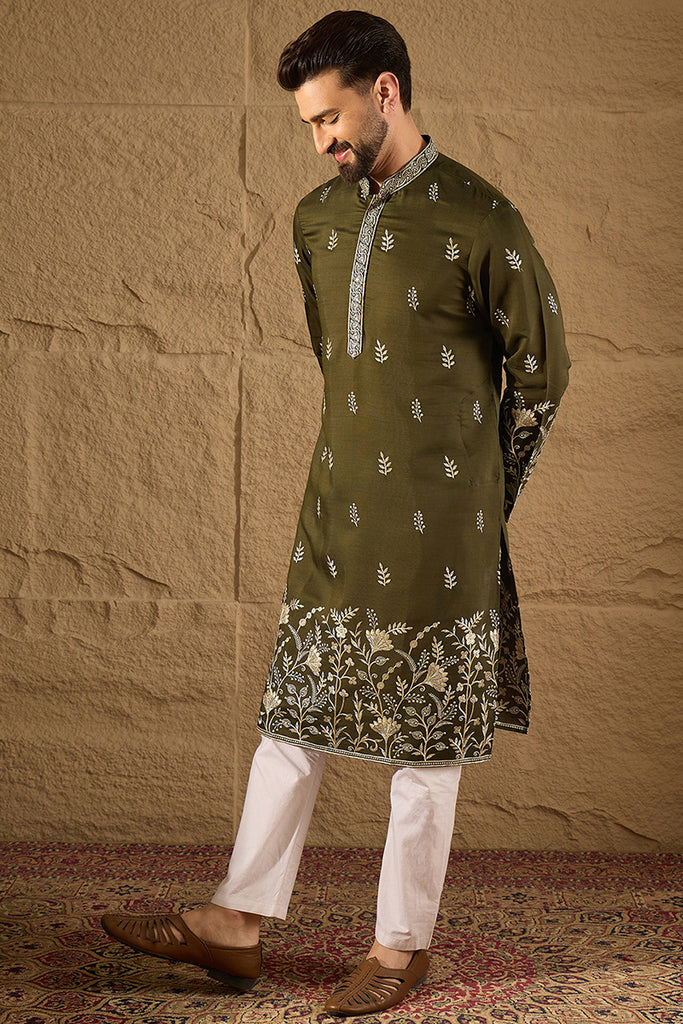 Olive Chanderi Silk Solid Embroidered Straight Kurta with Trouser MKSET1319