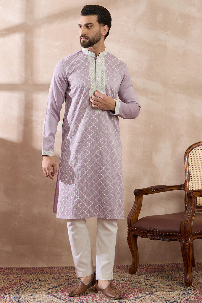 Lavender Silk Blend Embroidered Mandarin Collar Straight Kurta With Trouser MKSET1690