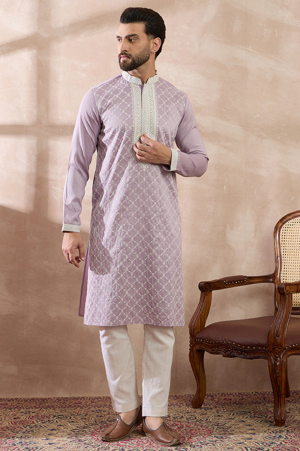 Lavender Silk Blend Embroidered Mandarin Collar Straight Kurta With Trouser MKSET1690