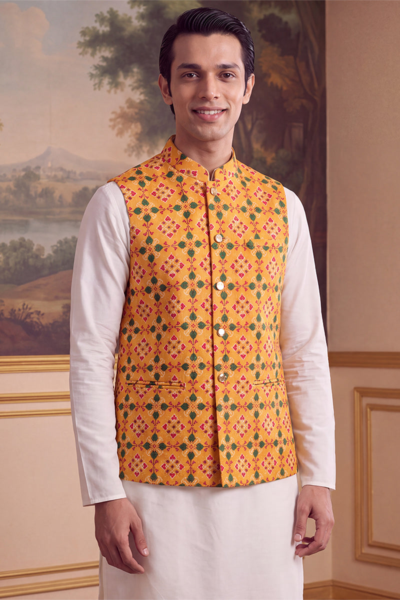 Yellow Silk Blend Patola Print Mandarine Collar Koti MKOT1050