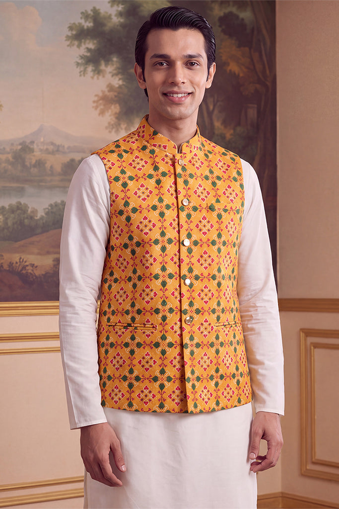 Yellow Silk Blend Patola Print Mandarine Collar Koti MKOT1050