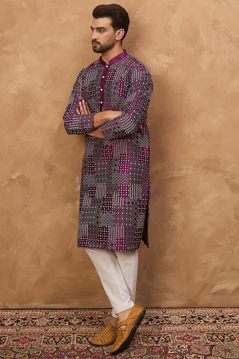 Purple Silk Blend Geometric Printed Straight Kurta MKU1529