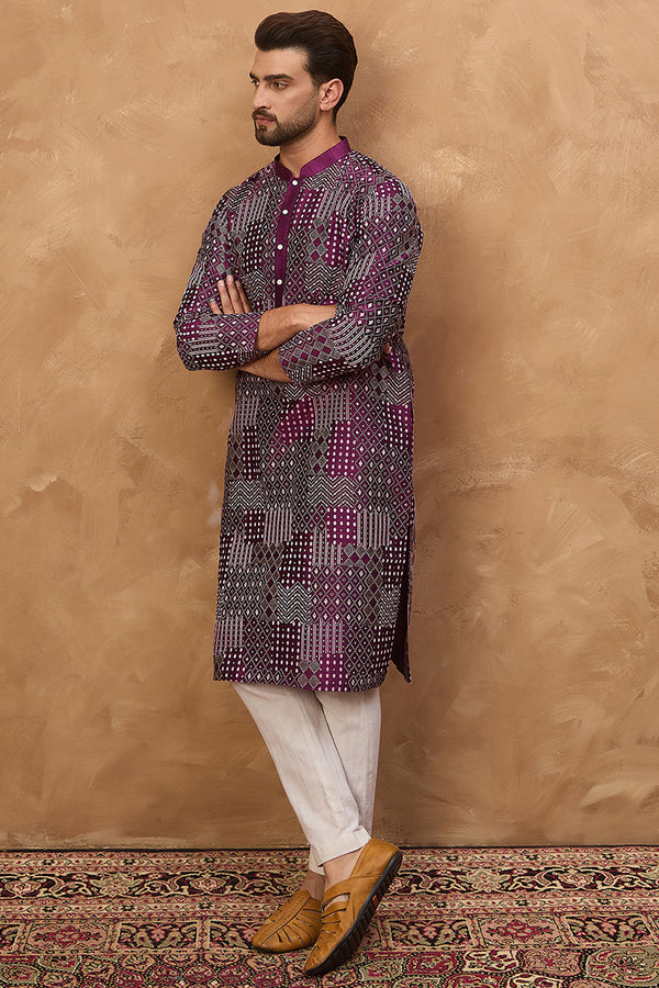Purple Silk Blend Geometric Printed Straight Kurta MKU1529