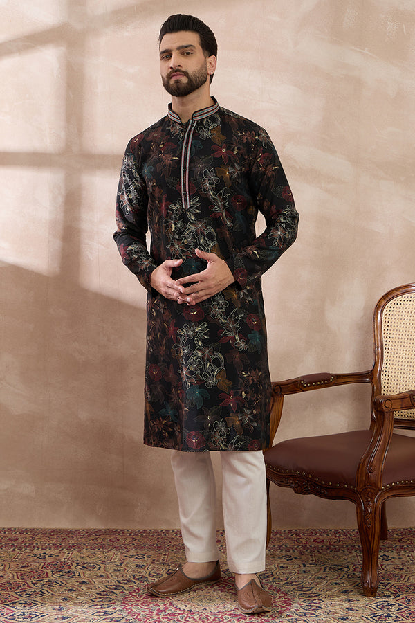 Black Silk Blend Printed Mandarin Collar Straight Kurta MKU1956
