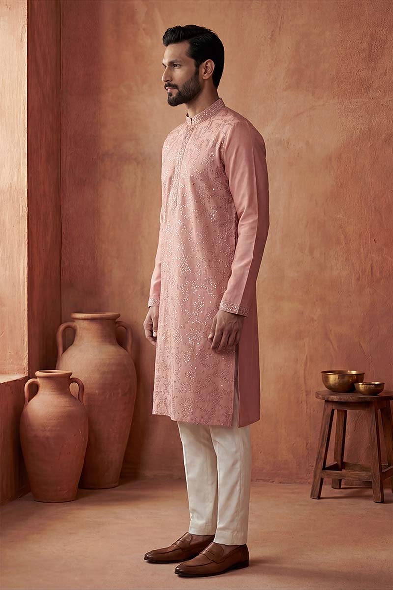 Silk Blend Peach Solid Embroidered Calf Length Straight Kurta With Trousers MKSET2136