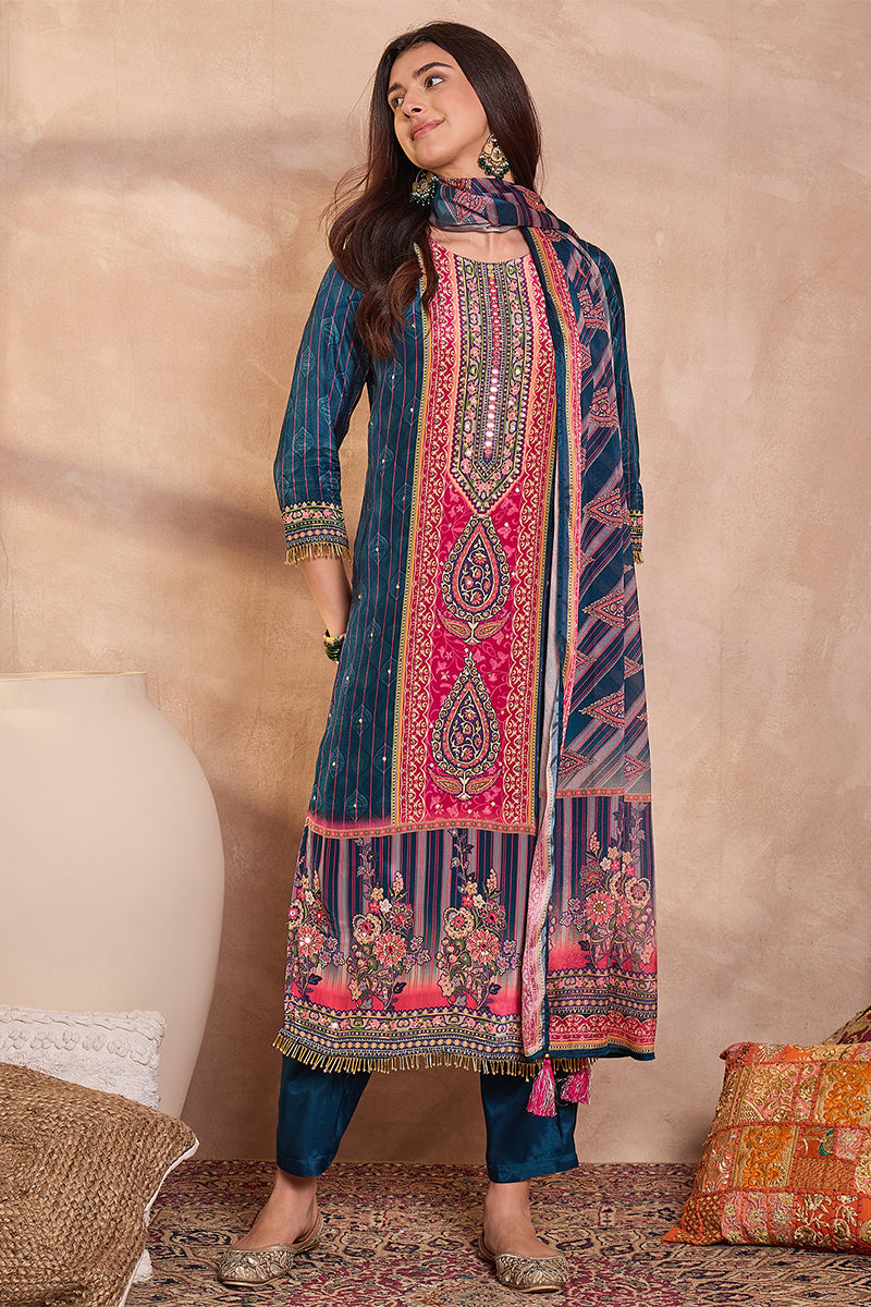 Blue Viscose Rayon Embroidered Kurta Trouser With Dupatta  HPKSKD2800