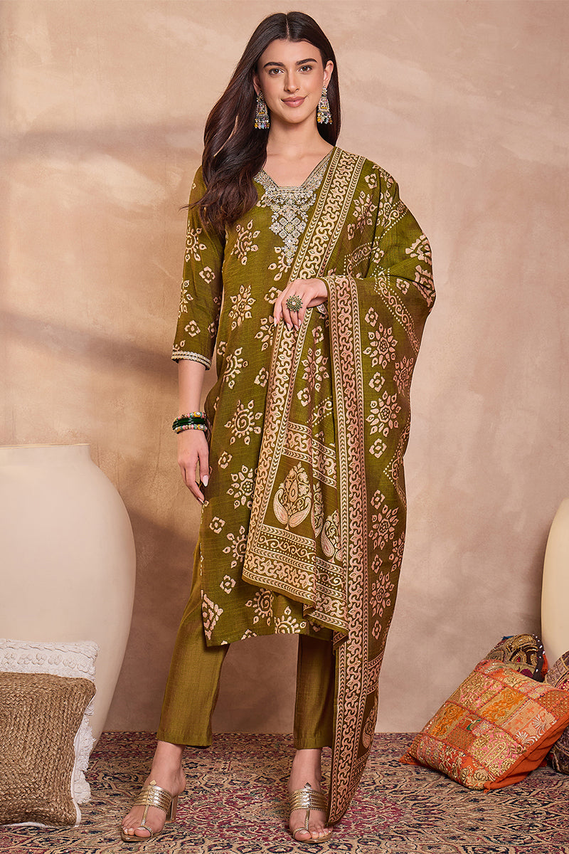 Green Floral Printed Kurta With Trousers And Dupatta PKSKD3227