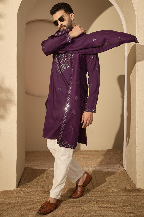 Violet Silk Blend Solid Embroidered Mandarin Collar Kurta & Trouser With Dupatta MKPD1078
