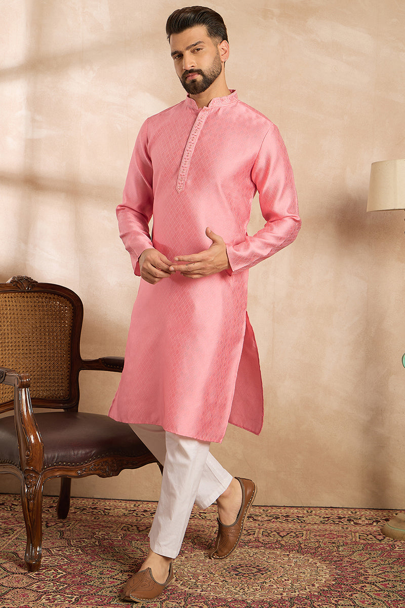 Pink Polyester Solid Embroidered Straight Kurta MKU1842