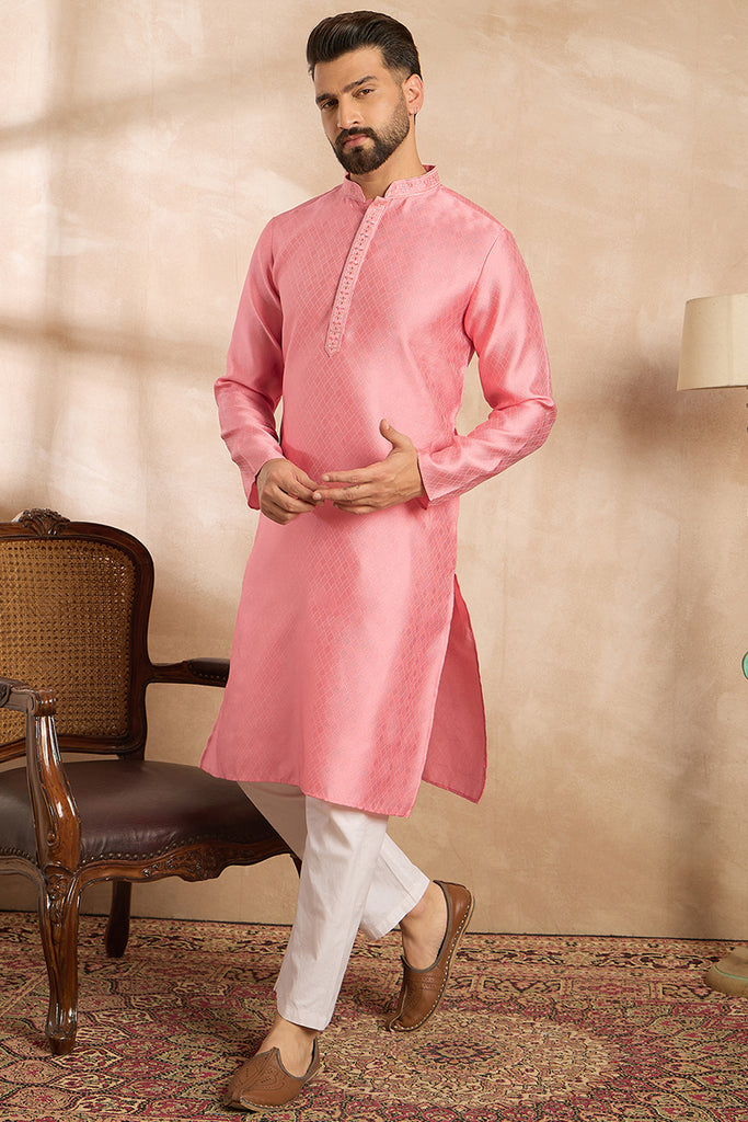 Pink Polyester Solid Embroidered Straight Kurta MKU1842