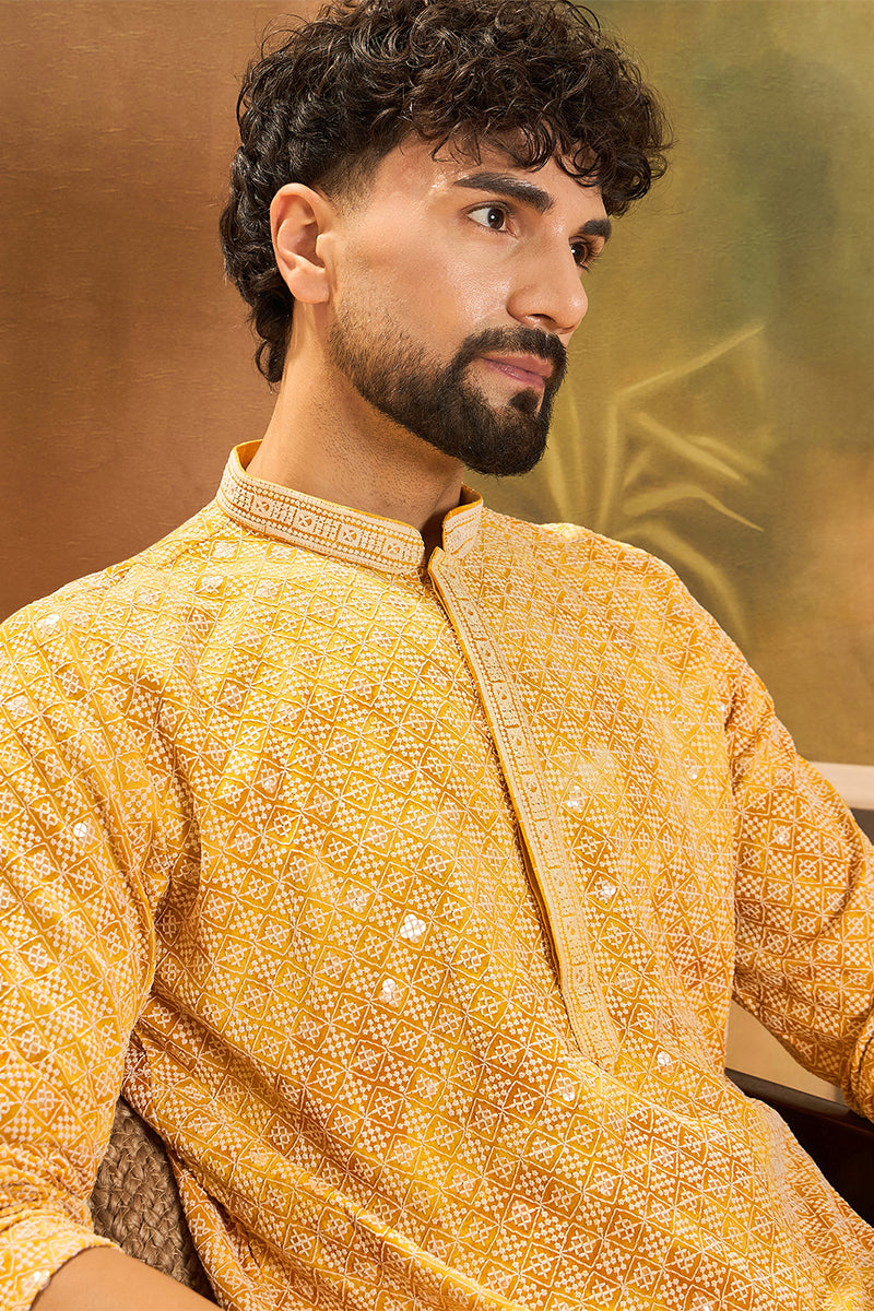 Yellow Viscose Rayon Shibori Embroidered Straight Kurta with Trouser MKSET1483