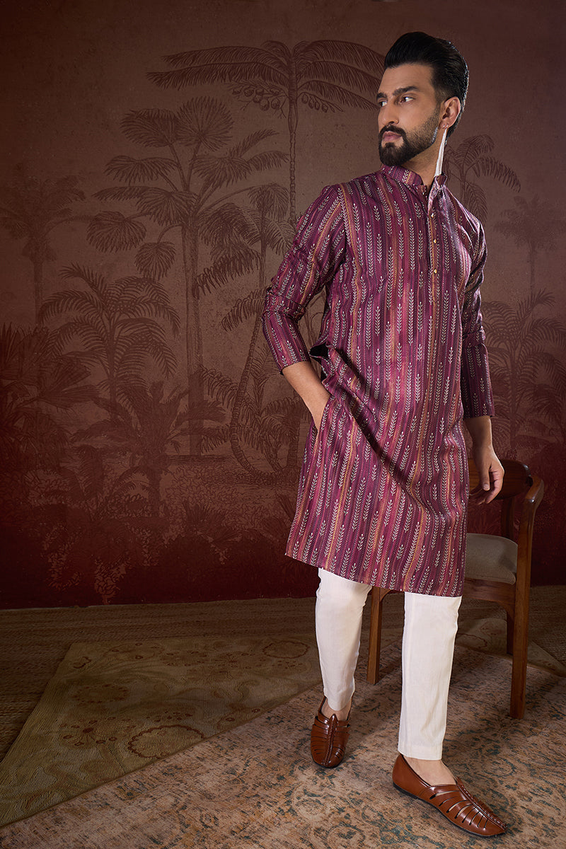 Purple Silk Blend Striped Printed Straight Kurta MKU1905