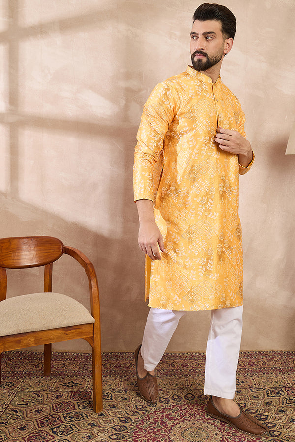 Yellow Silk Blend Ethnic Motifs Printed Straight Kurta With Trouser MKSET2012