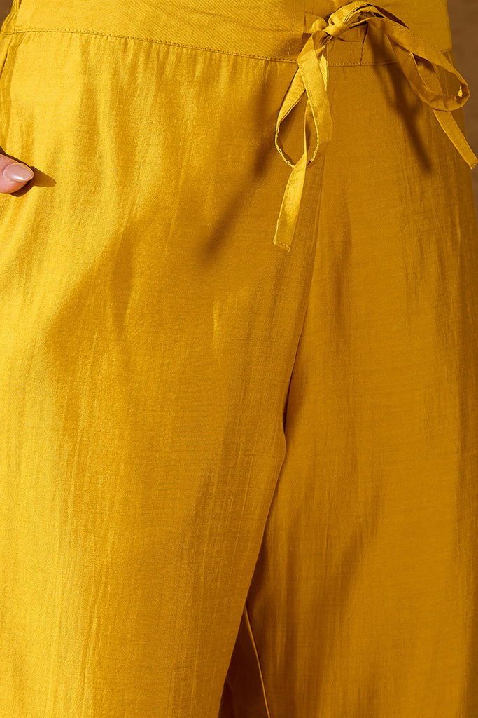 Yellow Silk Blend Solid Woven Design Straight Kurta Trousers With Dupatta PKSKD2935