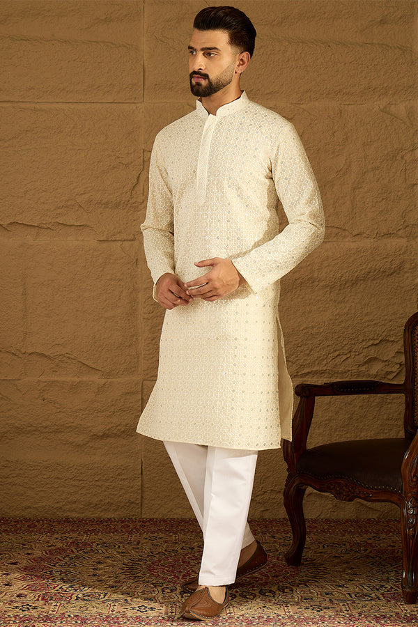 Off White Cotton Solid Printed Straight Kurta with Trouser MKSET1701