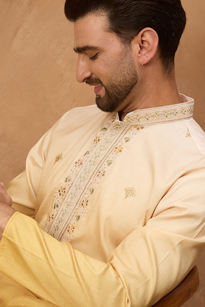 Yellow Silk Blend Solid Embroidered Straight Kurta MKU1486